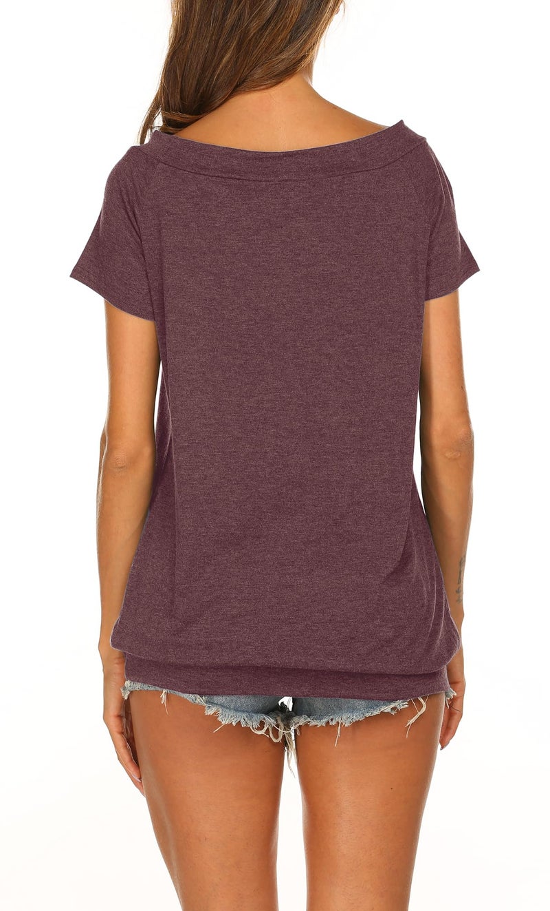 Halife Womens Tops Summer Tees Fashion Short Sleeve One Shoulder Blouses Wine Red L - Image 5