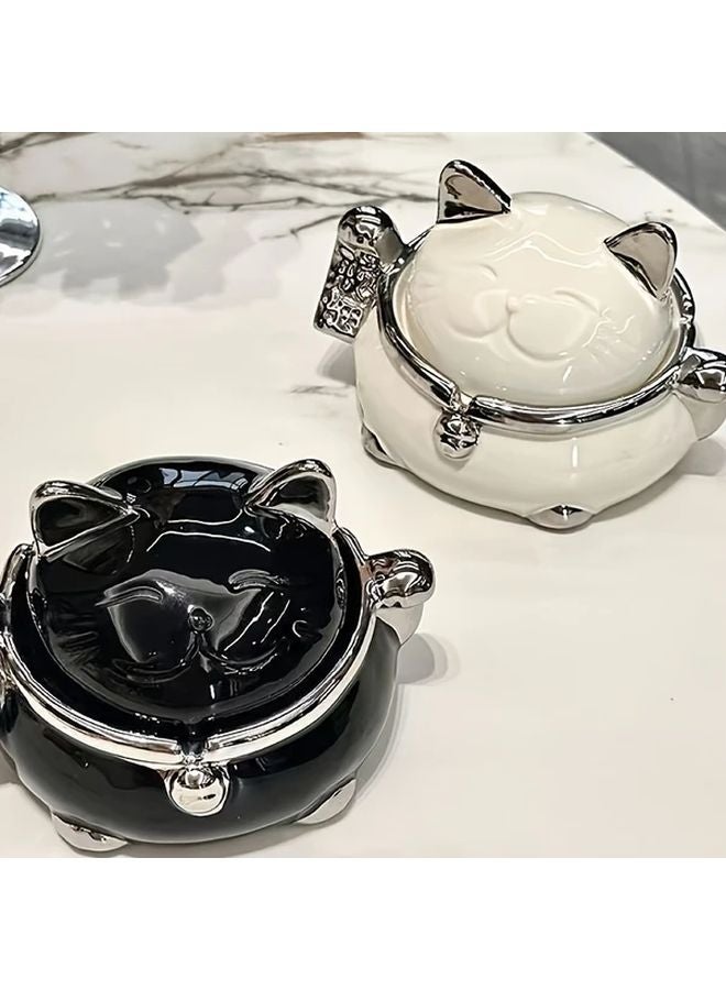 Black And Silver Lucky Cat Ceramic Ashtray With Lid Anti Fly Home Office Decor - Image 2