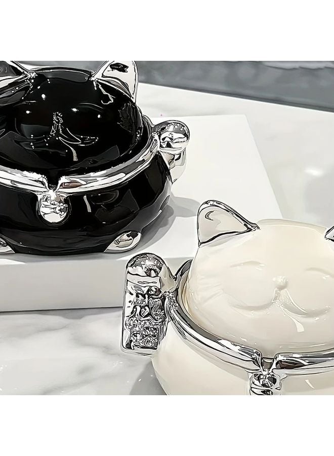Black And Silver Lucky Cat Ceramic Ashtray With Lid Anti Fly Home Office Decor - Image 5