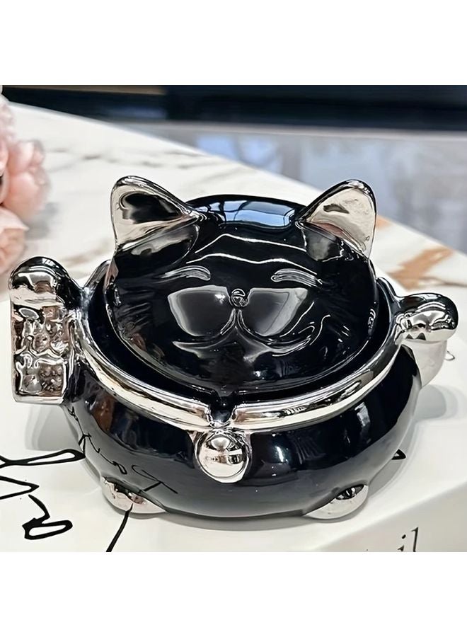 Black And Silver Lucky Cat Ceramic Ashtray With Lid Anti Fly Home Office Decor - Image 1
