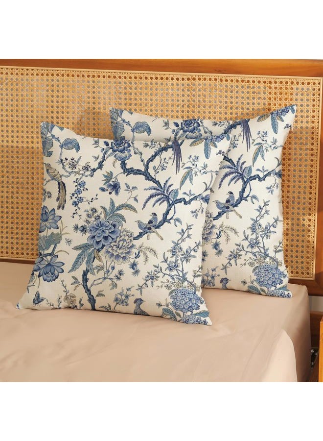 GOLIANDA Chinoiserie Floral Bird Pillow Covers 18x18 Set of 2 Spring Chinoiserie Flowers Decorative Pillowcase Outdoor Blue and Cream Throw Pillows Farmhouse Linen Cushion Case for Couch Home Decor - Image 2