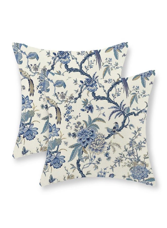 GOLIANDA Chinoiserie Floral Bird Pillow Covers 18x18 Set of 2 Spring Chinoiserie Flowers Decorative Pillowcase Outdoor Blue and Cream Throw Pillows Farmhouse Linen Cushion Case for Couch Home Decor - Image 1