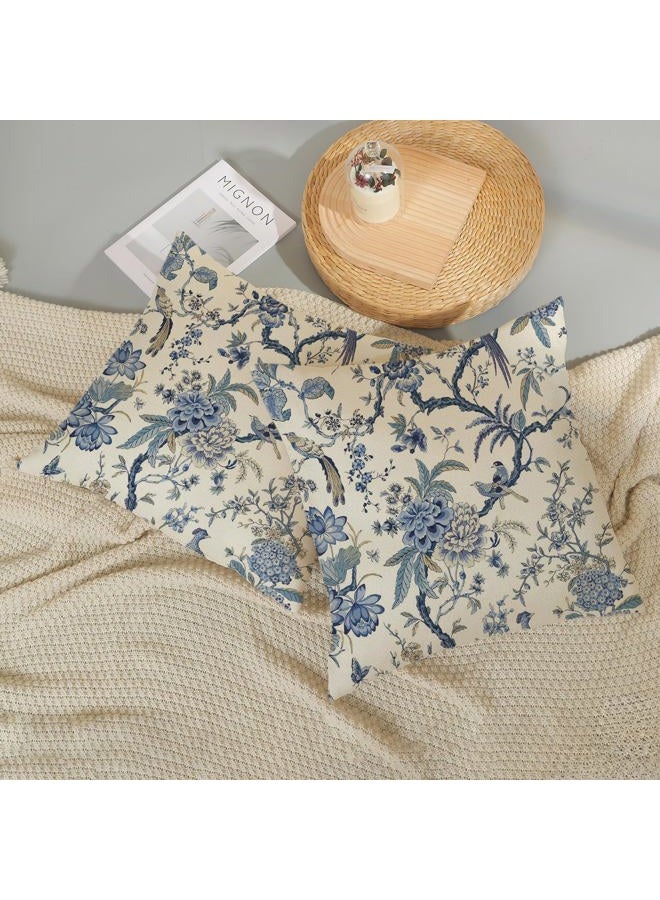 GOLIANDA Chinoiserie Floral Bird Pillow Covers 18x18 Set of 2 Spring Chinoiserie Flowers Decorative Pillowcase Outdoor Blue and Cream Throw Pillows Farmhouse Linen Cushion Case for Couch Home Decor - Image 5