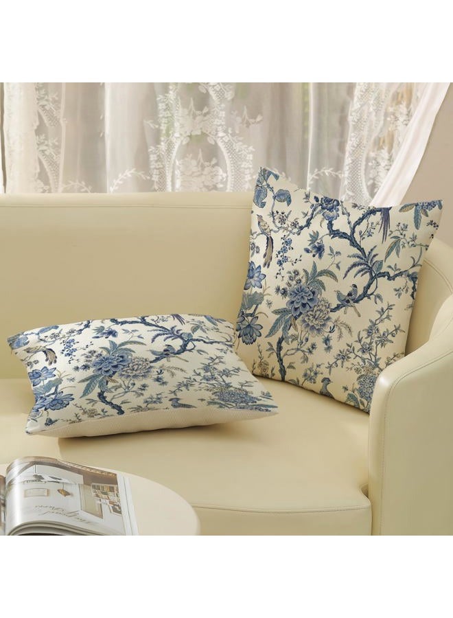 GOLIANDA Chinoiserie Floral Bird Pillow Covers 18x18 Set of 2 Spring Chinoiserie Flowers Decorative Pillowcase Outdoor Blue and Cream Throw Pillows Farmhouse Linen Cushion Case for Couch Home Decor - Image 4