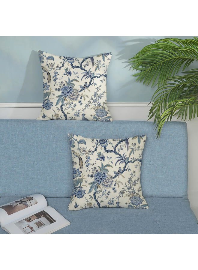GOLIANDA Chinoiserie Floral Bird Pillow Covers 18x18 Set of 2 Spring Chinoiserie Flowers Decorative Pillowcase Outdoor Blue and Cream Throw Pillows Farmhouse Linen Cushion Case for Couch Home Decor - Image 3