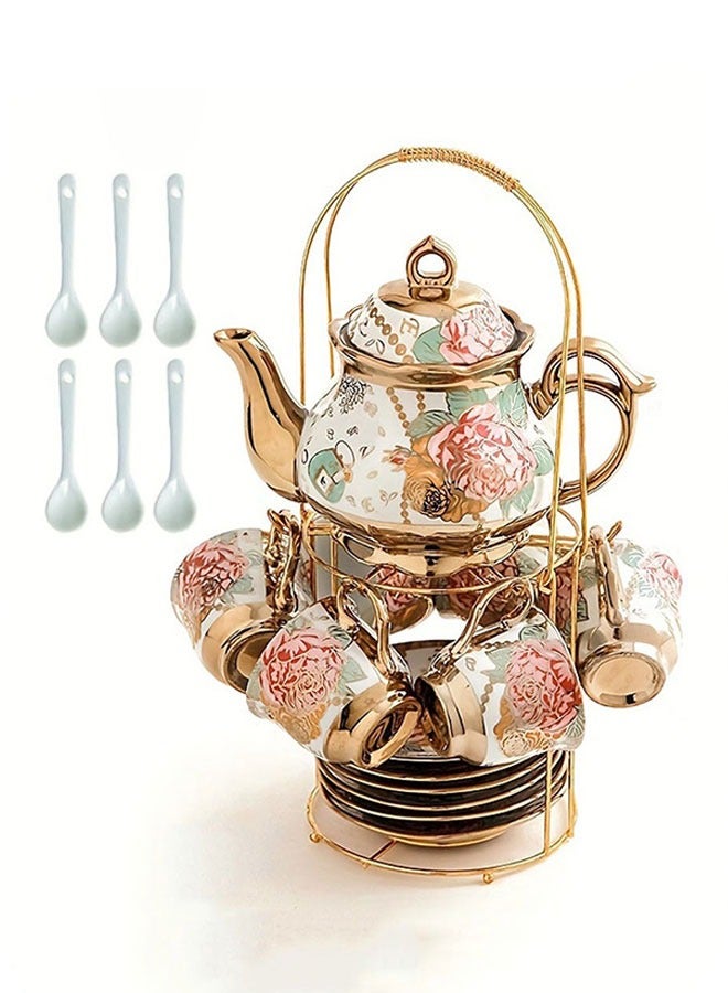WINEENEE Arabic Style Gold Plated Ceramic Coffee Set – 20-Piece Hand-Painted Floral Luxury Set for 6 People, Includes Cups, Saucers, Spoons u0026 Teapot, Ideal for Family Gathering u0026 Ramadan Gifting - Image 2