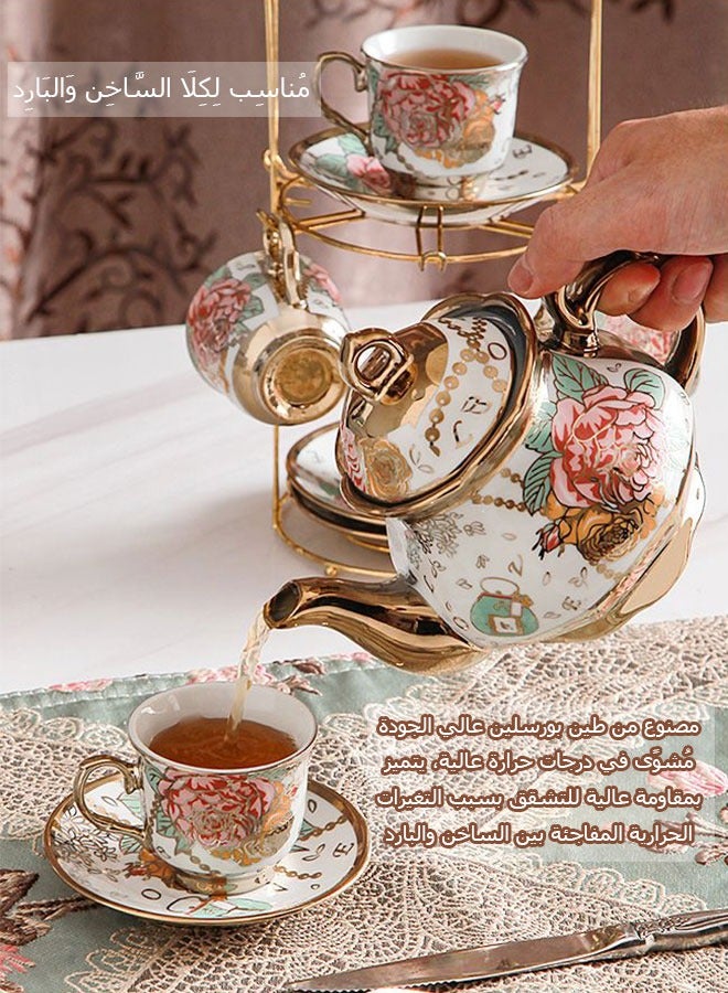 WINEENEE Arabic Style Gold Plated Ceramic Coffee Set – 20-Piece Hand-Painted Floral Luxury Set for 6 People, Includes Cups, Saucers, Spoons u0026 Teapot, Ideal for Family Gathering u0026 Ramadan Gifting - Image 1
