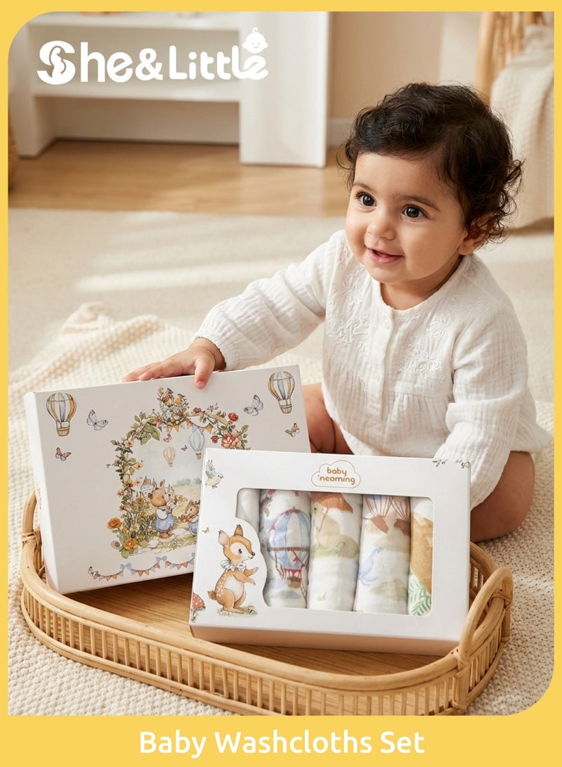 She&Little 5 Pack Baby Washcloths, Burp Cloths, Baby Bath Towels, Super Absorbent 4-Layer Cotton, OEKO-TEX Certified Safe, Finger Sleeve Design for Easy Cleaning, for Newborn Bathing, Face Wiping, Burping, Feeding and Daily Care - Image 1