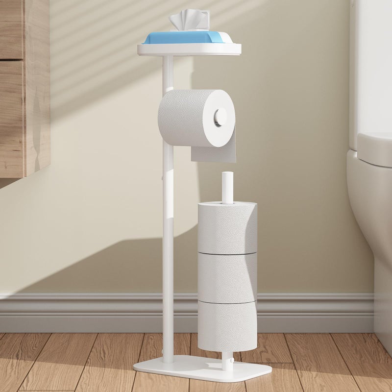 Kitsure Toilet Paper Holder Free Standing Rustproof Metal Toilet Paper Stand for 4 Rolls with AntiSlip Base and Shelf for Phone Small Items Bathroom Organizers and Storage Medium White