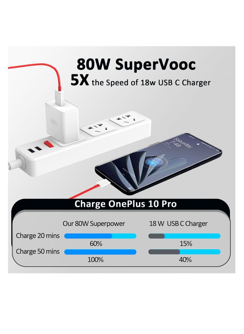 80W SuperVooc Charger for OnePlus 13/12/12R/11/10Pro/10R, 80W Warp Charger for OnePlus 9Pro/9/8T/Nord 2T/9R/9RT/N30 CE 3 4,Super Fast USB C Wall Charger Block Replacement with 3.3ft Ultra Fast Type C Charging Cable