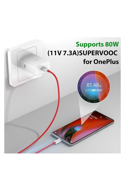 80W SuperVooc Charger for OnePlus 13/12/12R/11/10Pro/10R, 80W Warp Charger for OnePlus 9Pro/9/8T/Nord 2T/9R/9RT/N30 CE 3 4,Super Fast USB C Wall Charger Block Replacement with 3.3ft Ultra Fast Type C Charging Cable