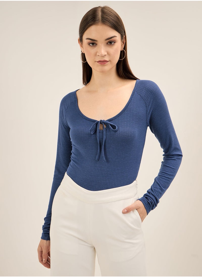 Salt Attire Chic Blue Top Featuring a Tie-Up Scoop Neckline, Elegant Keyhole Detail, Full Length Sleeves, and Comfortable Regular Fit Perfect for Stylish Daytime and Evening Looks  - Image 1