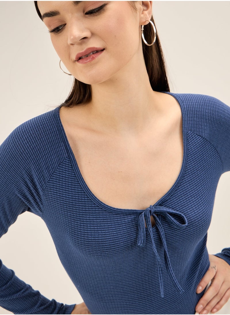 Salt Attire Chic Blue Top Featuring a Tie-Up Scoop Neckline, Elegant Keyhole Detail, Full Length Sleeves, and Comfortable Regular Fit Perfect for Stylish Daytime and Evening Looks  - Image 2