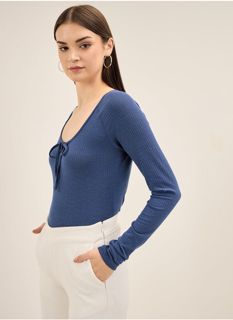 Salt Attire Chic Blue Top Featuring a Tie-Up Scoop Neckline, Elegant Keyhole Detail, Full Length Sleeves, and Comfortable Regular Fit Perfect for Stylish Daytime and Evening Looks  - Image 4