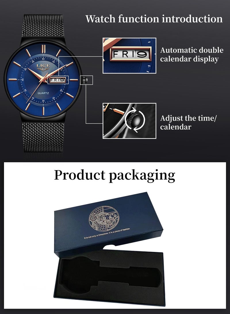 LIGE Mens Waterproof Ultra Thin Watches Calendar Function Simple and Stylish Quartz Watch Sports Mesh Strap Black - Image 5