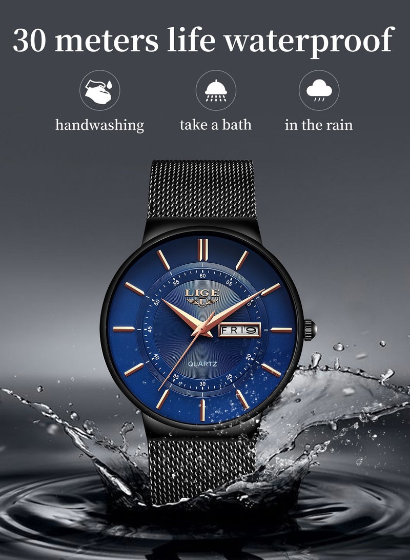 LIGE Mens Waterproof Ultra Thin Watches Calendar Function Simple and Stylish Quartz Watch Sports Mesh Strap Black - Image 4