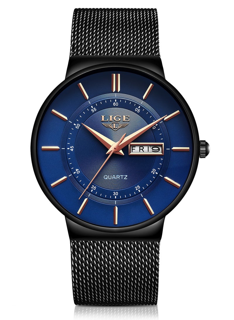 LIGE Mens Waterproof Ultra Thin Watches Calendar Function Simple and Stylish Quartz Watch Sports Mesh Strap Black - Image 1