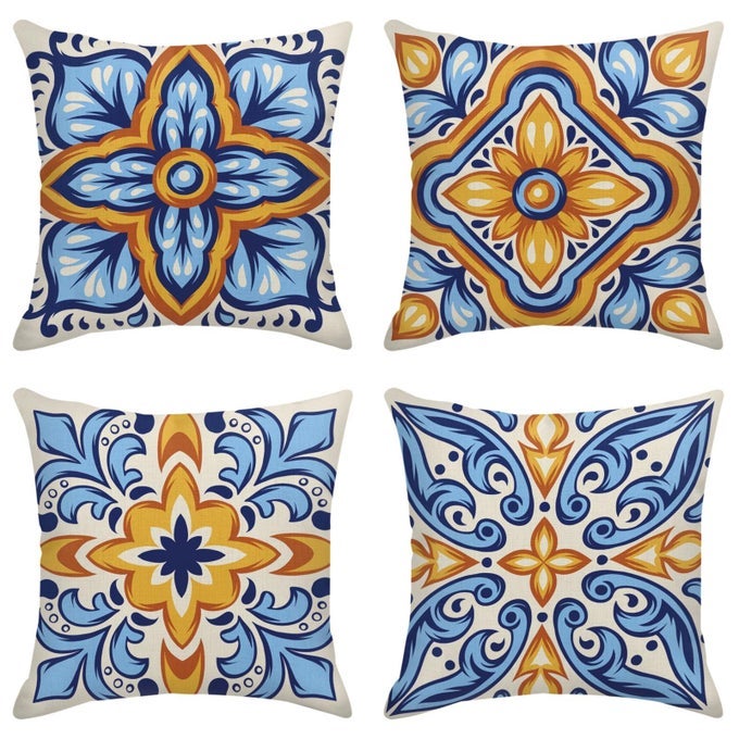 THROW PILLOW COVERS HOME DECOR SET OF 4 ITALIAN MEXICAN CERAMIC TALAVERA PILLOW CASES DECORATIVE 18 X 18 INCHES OUTDOOR CUSHION COUCH SOFA PILLOWCASES