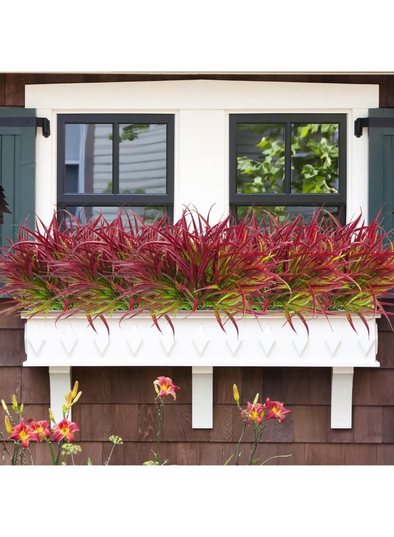 Arabest 12 Bundles Artificial Outdoor Plants UV Resistant Fake Grass Plants Faux Plastic Plants Greenery Shrubs for Home Garden Pathway Window Box Front Porch Spring Summer Decor, Deep Red - Image 4