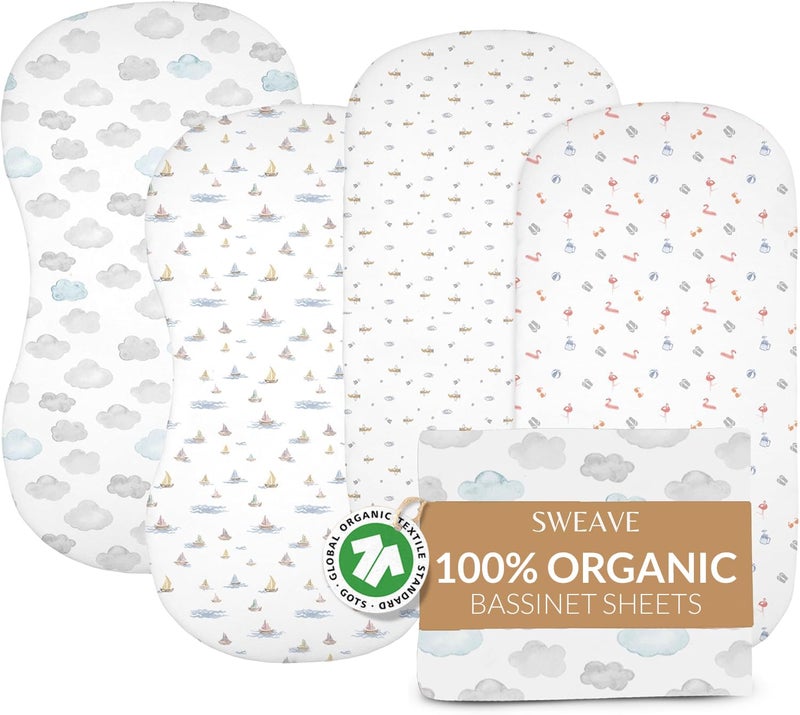 Sweave 100% Organic Cotton Bassinet Sheets (4 Pack) – Ideal for Uppababy Bassinet Mattress – GOTS Certified – 360° Double Elastic Fitted Sheets – Percale Weave Sheets Soften with Each Wash (33"x15") - Image 1