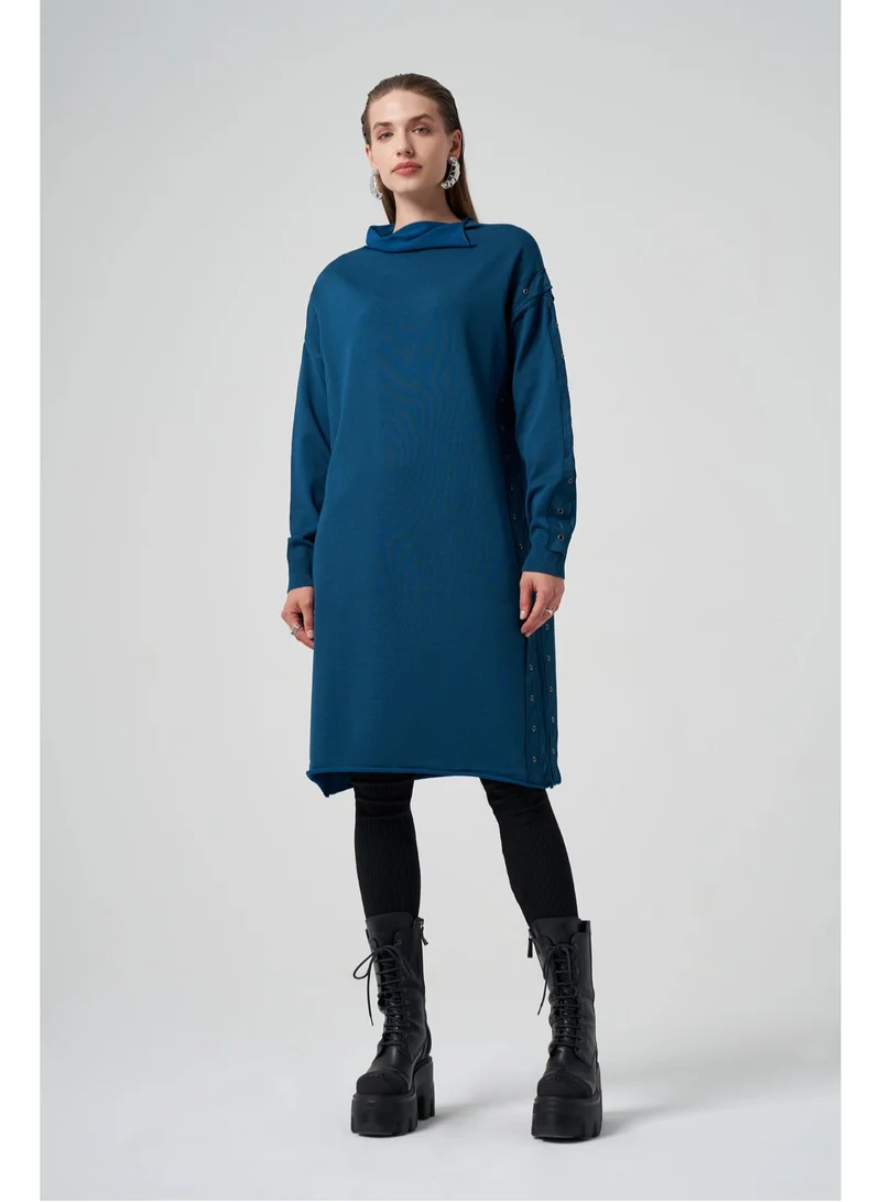 MissWhence Knitwear Long Tunic with Eyelet band Detail - Teal
