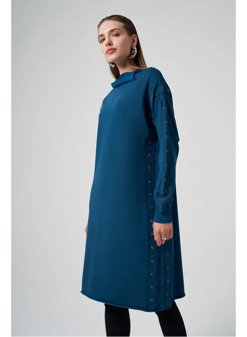 MissWhence Knitwear Long Tunic with Eyelet band Detail - Teal