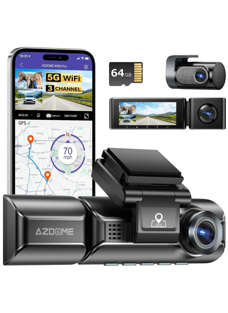 أزدوم - داش كاميرا للسياره M550 PRO MAX ثلاثية القنوات داش كام مع نظام تحديد المواقع العالمي (GPS) المدمج وكاميرا مزدوجة 4K + 1080P للسيارات مع بطاقة 64 جيجابايت ورؤية ليلية ووضع وقوف السيارات على مدار 24 ساعة. - Image 1