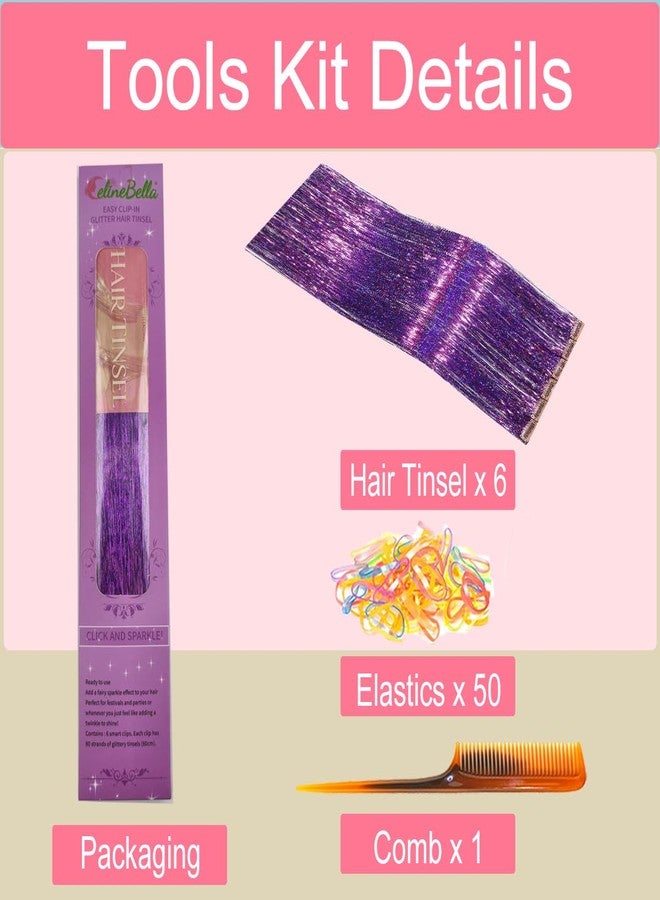 CelineBella Purple Tinsel Hair Extensions Kit,Clip In,24 Inch 80 Strands per Piece,Glitter Fairy Hair Strands for Women New Year Party Halloween Festival Gift - Image 2