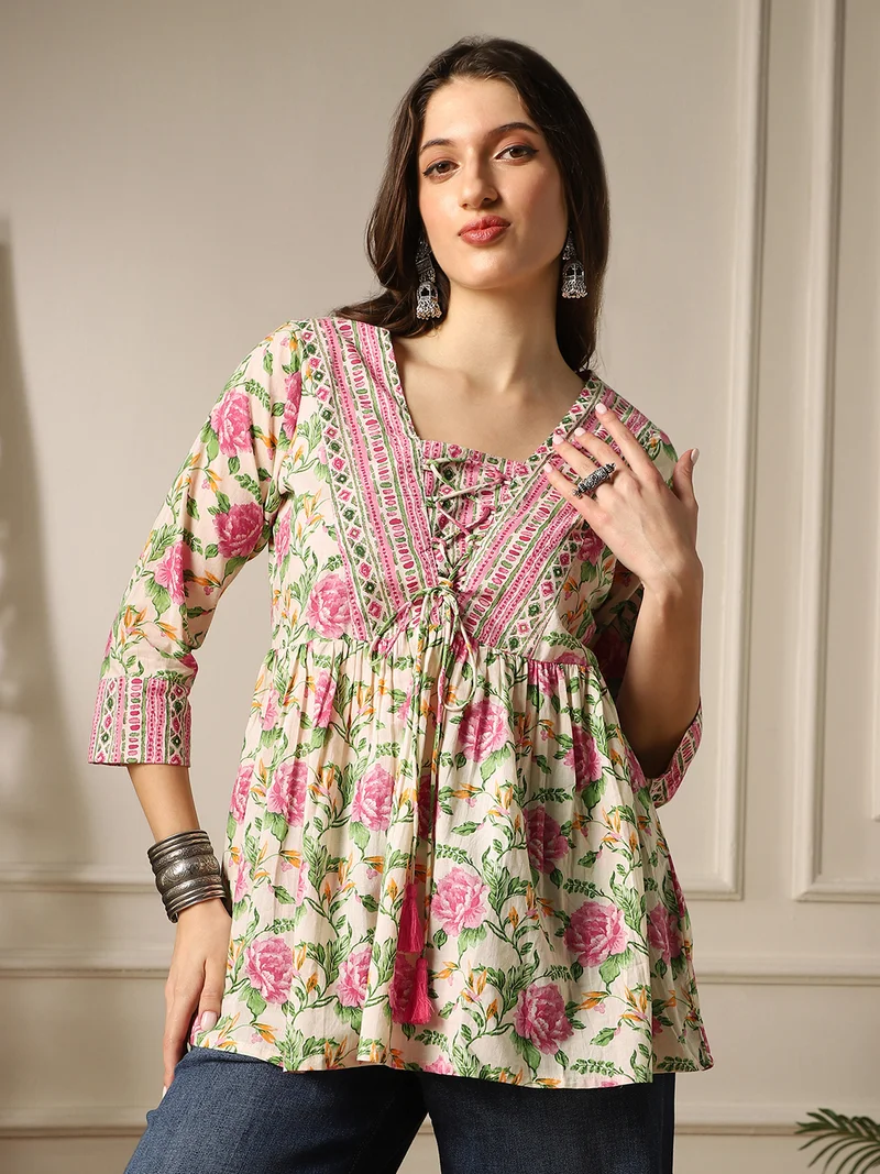 Globus Women Pink V-Neck Floral Print Tie-Up Tassel Detail Gathered Tunic