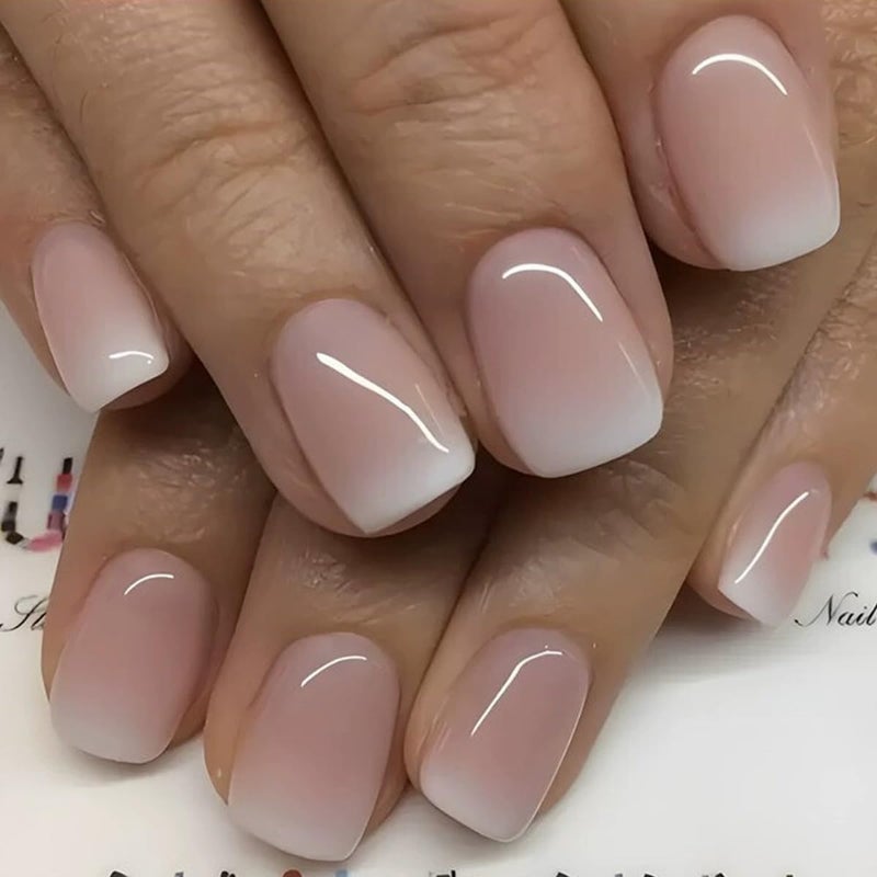 juggssa Short Square Press on Nails French Fake Nails Ombre Acrylic Nails Press on Full Cover Glossy False Nails Artificial Stick on Nail for Women Manicure Decoration 24PCS - Image 1