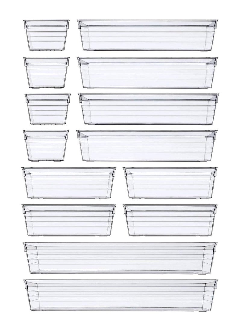 Zimtal Drawer Organizer Set of 4 Size Versatile Desk Drawer Organizers and Storage Bins for Makeup, Bedroom, Jewelry, and Kitchen/Office Devices made of Clear Plastic (14 pcs)  - Image 1
