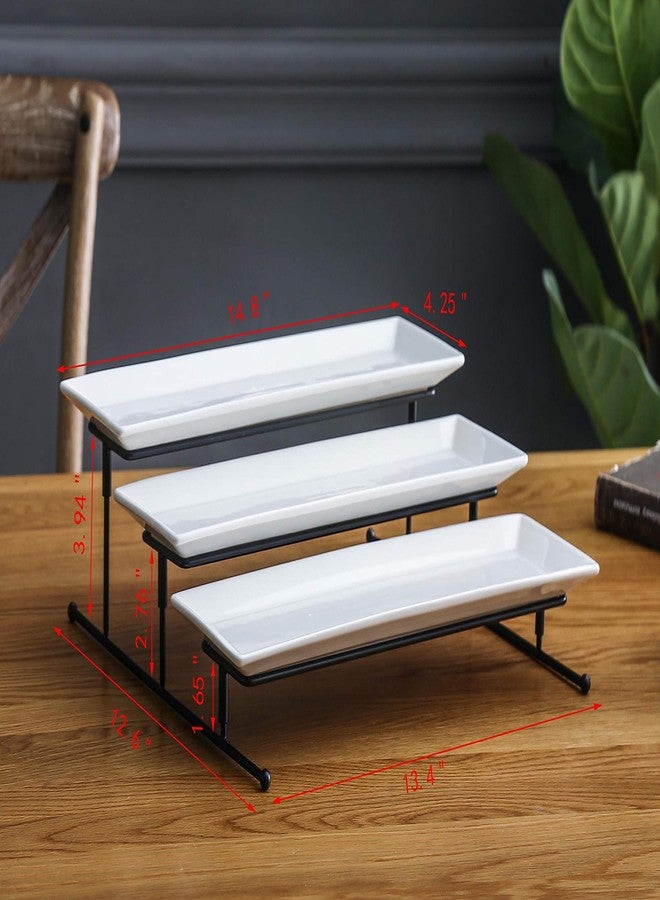 FixtureDisplays 3 Tier Collapsible Thicker Sturdier Plate Rack Stand with Plates - Three Tiered Cake Serving Tray - Dessert Fruit Presentation - Party Food Server Display - 3 White 12' x 6" Porcelain Platters Incl - Image 2