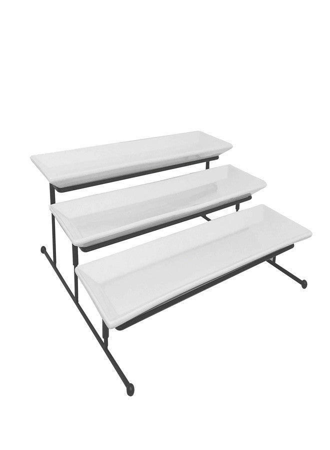 FixtureDisplays 3 Tier Collapsible Thicker Sturdier Plate Rack Stand with Plates - Three Tiered Cake Serving Tray - Dessert Fruit Presentation - Party Food Server Display - 3 White 12' x 6" Porcelain Platters Incl - Image 1