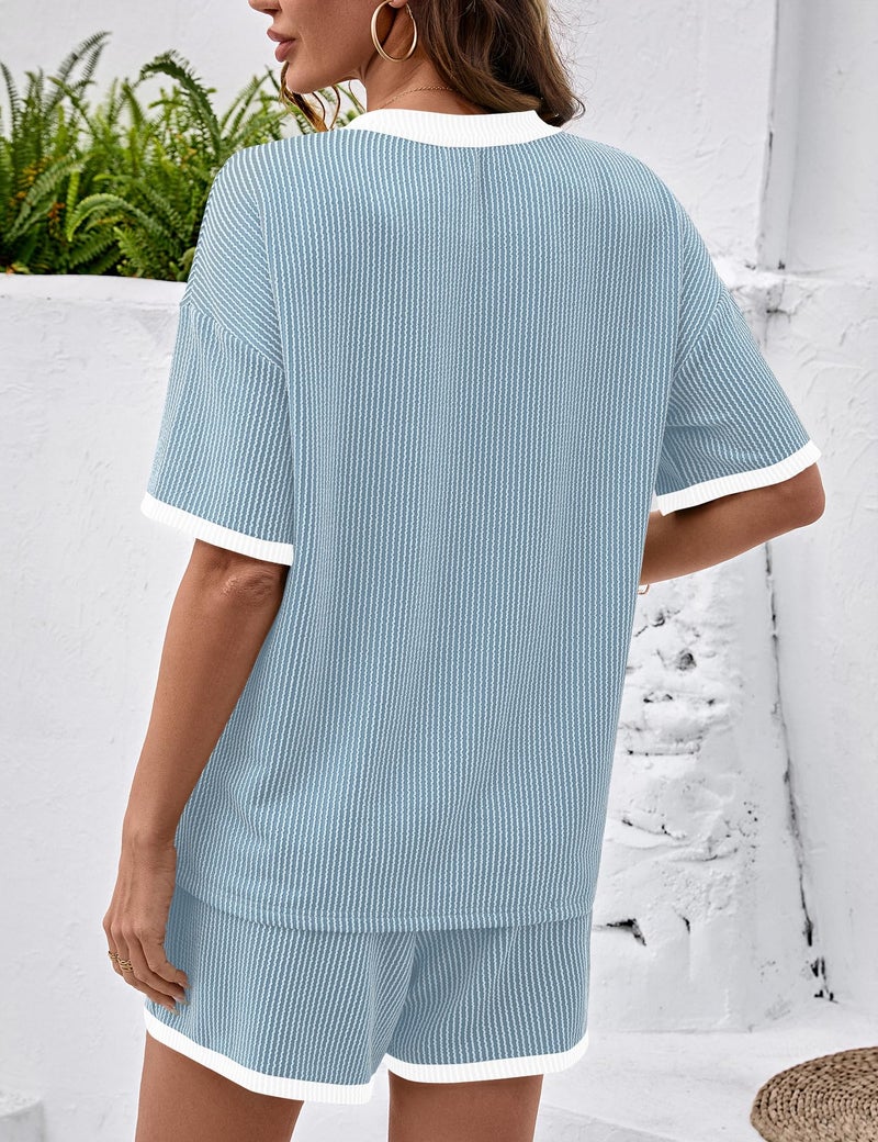 Rapbin 2 Piece Sets for Women Summer Patchwork Plus Size Clothes Casual 2026 Trendy Outfits Shorts with Pockets Blue-white - Image 3