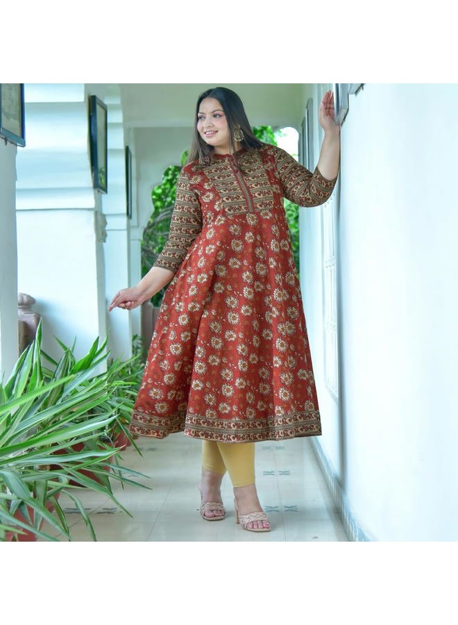Yash Gallery Women's Cotton Floral Print Anarkali Kurta (5X-Large Red) - Image 2