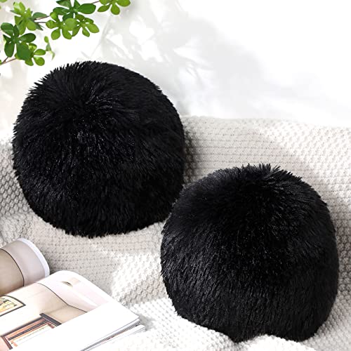 Harrycle 2 Pack Plush Round Ball Throw Pillow 10 Inch Nordic Soft Boucle Pillows Spherical Fuzzy Pillows Circle for Couch Sofa Bed Bedroom Living Room Office School Chair DecorationsBlack - Image 1