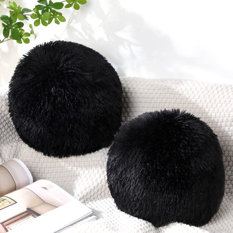 Harrycle 2 Pack Plush Round Ball Throw Pillow 10 Inch Nordic Soft Boucle Pillows Spherical Fuzzy Pillows Circle for Couch Sofa Bed Bedroom Living Room Office School Chair DecorationsBlack - Image 2
