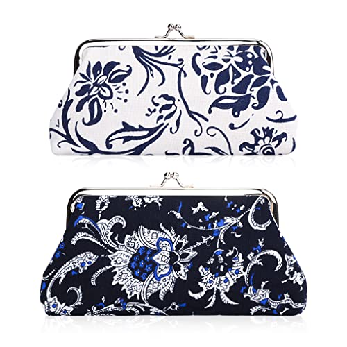 Oyachic 2 Packs Large Floral Coin Purses Canvas Cash Wallet Make Up Bag Vintage Change Pouch Key Holder Kiss lock Clasp Clutch - Image 1