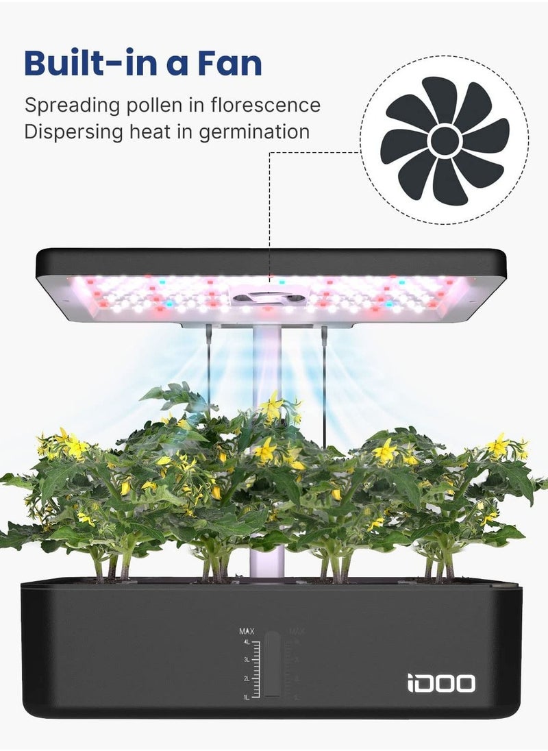 iDOO - iDOO 12 Pods Hydroponics Growing System, Indoor Herb Garden with 23W LED Grow Light, Automatic Timer, Germination Kit with Fan, Height Adjustable for Home Kitchen - Black - Image 1