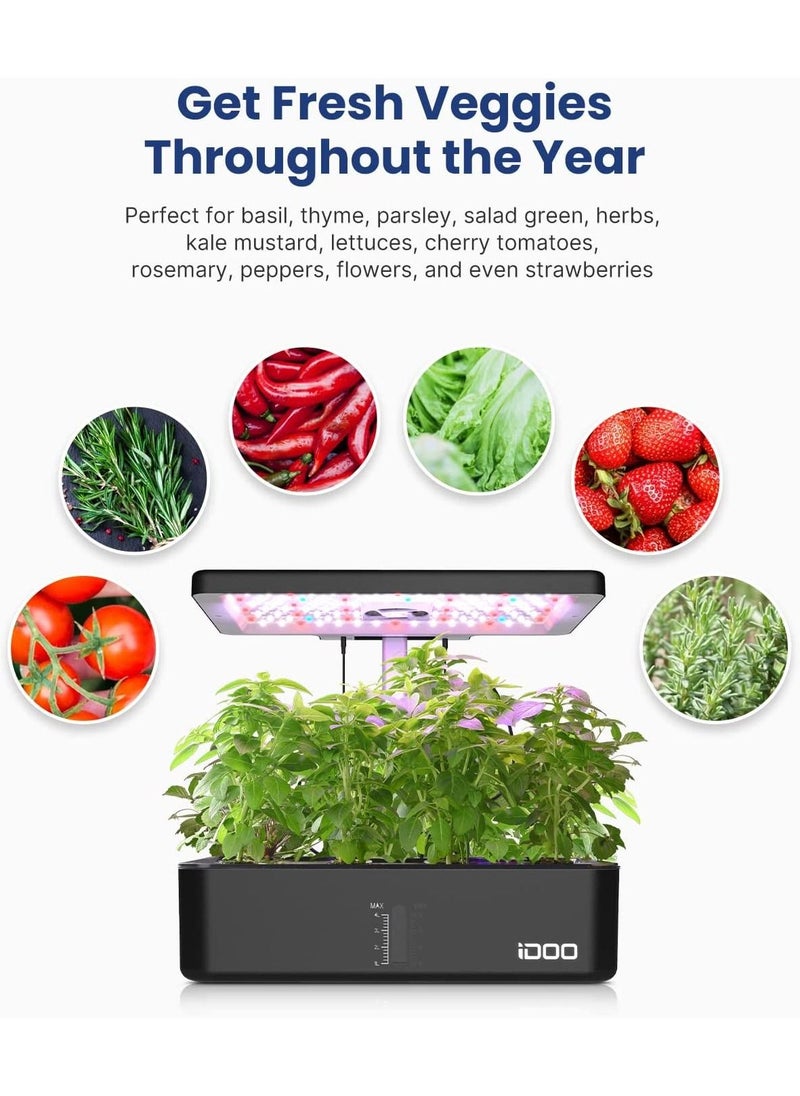 iDOO - iDOO 12 Pods Hydroponics Growing System, Indoor Herb Garden with 23W LED Grow Light, Automatic Timer, Germination Kit with Fan, Height Adjustable for Home Kitchen - Black - Image 1