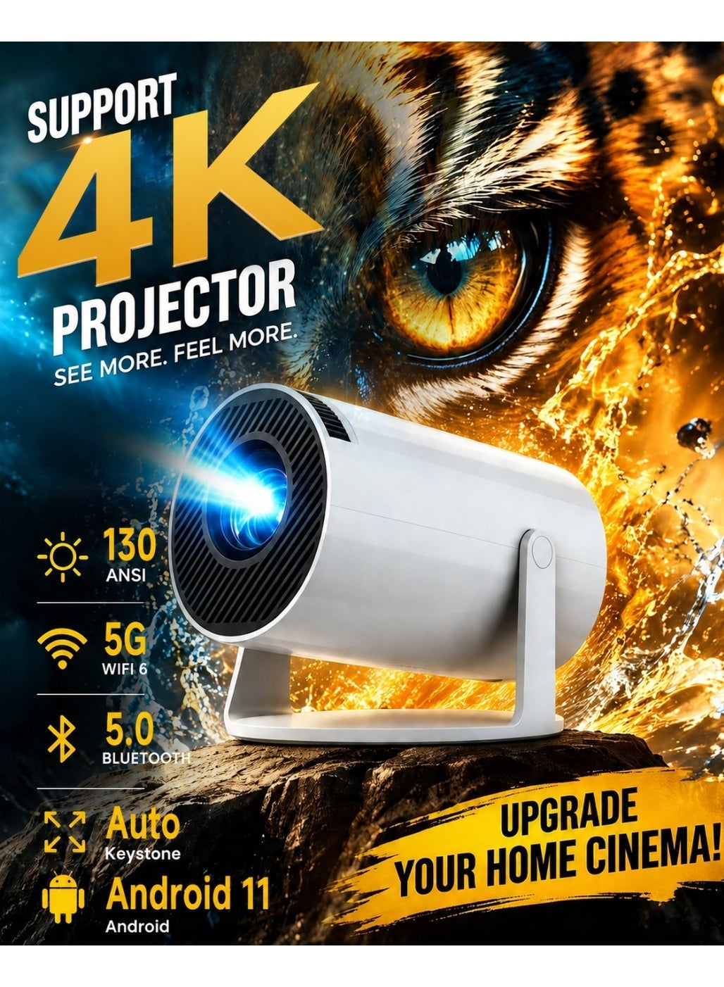 Smart Projector with WiFi 6 & Bluetooth 5.0, 180° Rotatable for Ceiling Movie, 4K Support Portable Projector with Auto Keystone Correction, Android 11 OS Home Theater for Bedroom & Outdoor Camping