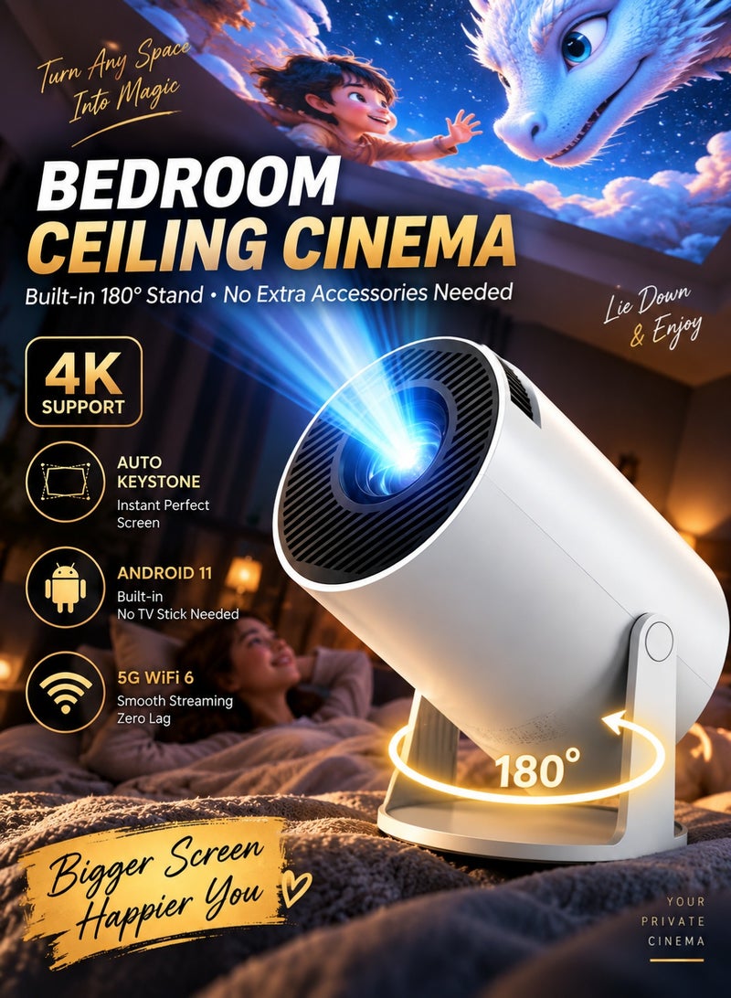 TANMASHI Smart Mini Projector 4K Full HD Supported with WiFi 6 & Bluetooth, 180° Rotating Portable Projector with Android, Outdoor Home Theater Laser Projector Movie Player for Bedroom, Home & Travel - Image 1
