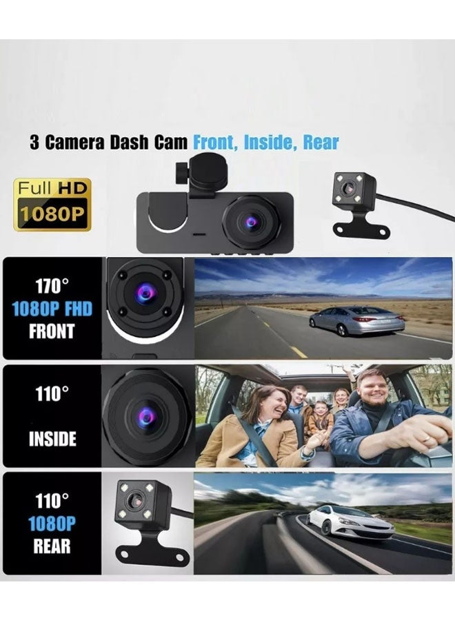 نيوترل كاميرا فيديو ثلاثية القنوات للأمام + الداخل + الخلف (مع WiFi + بطاقة ذاكرة 32 جيجابايت)، كاميرا أمامية 4K HD، كاميرا خلفية 1080P HD، بانورامية 360 درجة Full HD، رؤية ليلية بزاوية واسعة | مستشعر G وتسجيل متكرر | نطاق ديناميكي واسع | مدعومة بتطبيق Co (أسود) - Image 2