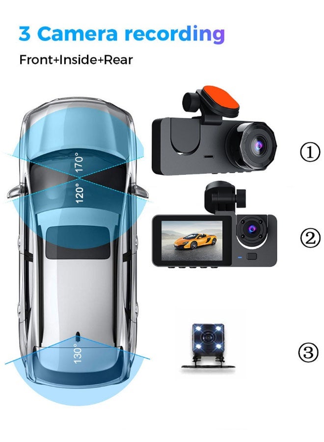 نيوترل كاميرا فيديو ثلاثية القنوات للأمام + الداخل + الخلف (مع WiFi + بطاقة ذاكرة 32 جيجابايت)، كاميرا أمامية 4K HD، كاميرا خلفية 1080P HD، بانورامية 360 درجة Full HD، رؤية ليلية بزاوية واسعة | مستشعر G وتسجيل متكرر | نطاق ديناميكي واسع | مدعومة بتطبيق Co (أسود) - Image 3