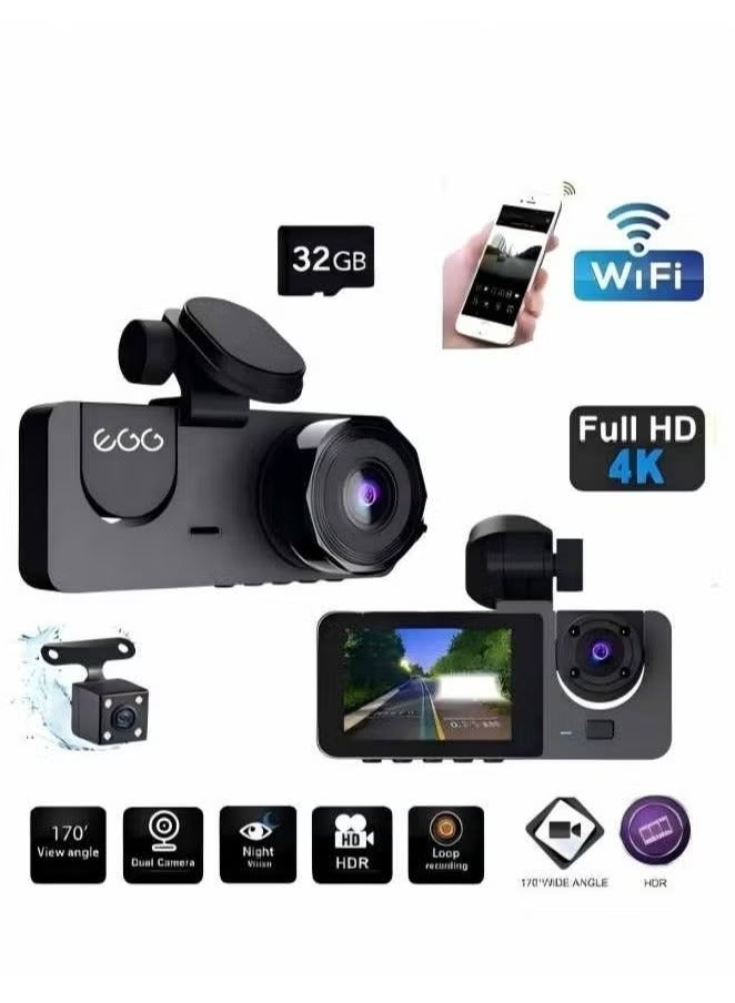 نيوترل كاميرا فيديو ثلاثية القنوات للأمام + الداخل + الخلف (مع WiFi + بطاقة ذاكرة 32 جيجابايت)، كاميرا أمامية 4K HD، كاميرا خلفية 1080P HD، بانورامية 360 درجة Full HD، رؤية ليلية بزاوية واسعة | مستشعر G وتسجيل متكرر | نطاق ديناميكي واسع | مدعومة بتطبيق Co (أسود) - Image 1