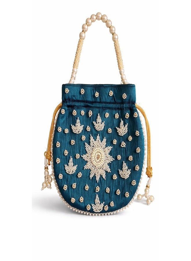 KitchEase Silk Potli Bag for Women with Pearl Handle & Hand Embroidery | Elegant Wedding & Festive Pouch | 25 x 20 cm - Peacock Green - Image 2