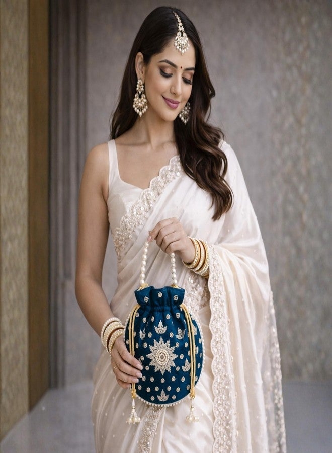 KitchEase Silk Potli Bag for Women with Pearl Handle & Hand Embroidery | Elegant Wedding & Festive Pouch | 25 x 20 cm - Peacock Green - Image 4