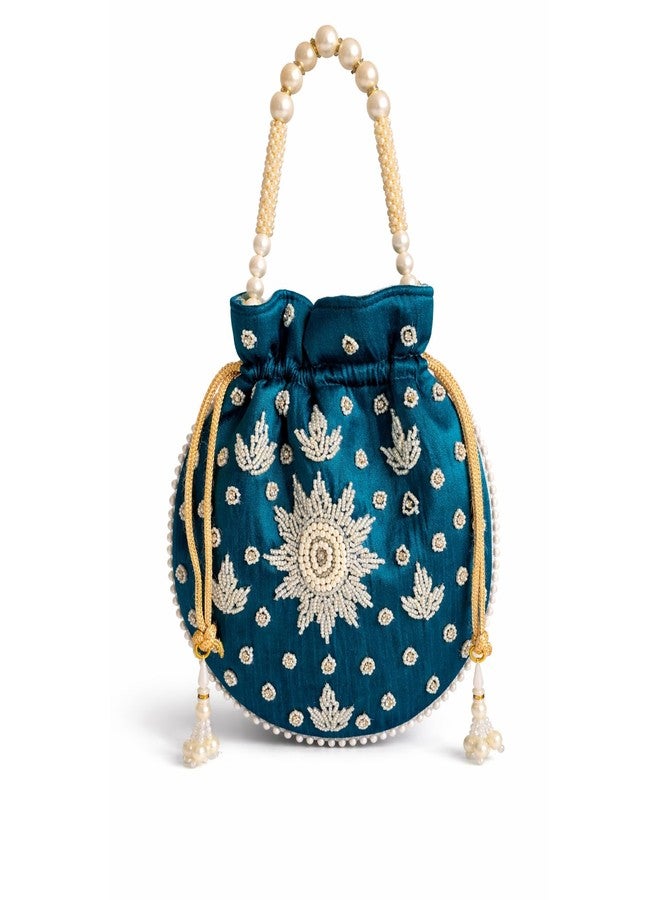 KitchEase Silk Potli Bag for Women with Pearl Handle & Hand Embroidery | Elegant Wedding & Festive Pouch | 25 x 20 cm - Peacock Green - Image 1