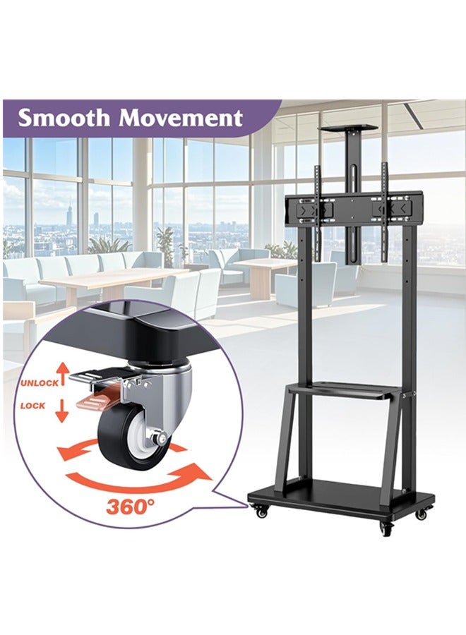 DESINO TV Stand,Rolling TVs Cart on Wheels Height Adjustable Heavy-Duty Floor Stand Base for 32-70 Inch LCD LED OLED Flat Panel Screens Smartboard Movable Holds up to 100lbs with Shelf - Image 2