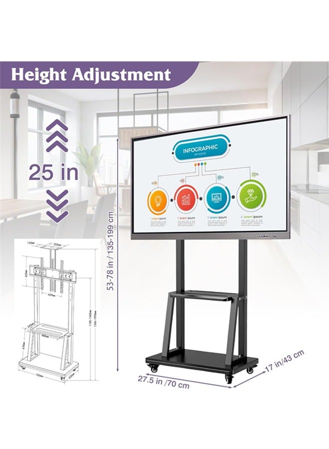 DESINO TV Stand,Rolling TVs Cart on Wheels Height Adjustable Heavy-Duty Floor Stand Base for 32-70 Inch LCD LED OLED Flat Panel Screens Smartboard Movable Holds up to 100lbs with Shelf - Image 4